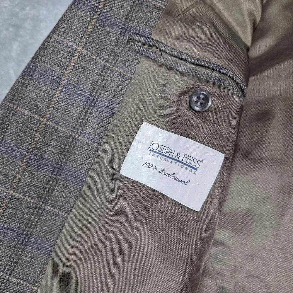 Joseph & Feiss Sport Coat Mens 44R Gray Brown Glen Plaid Wool Blazer Jacket